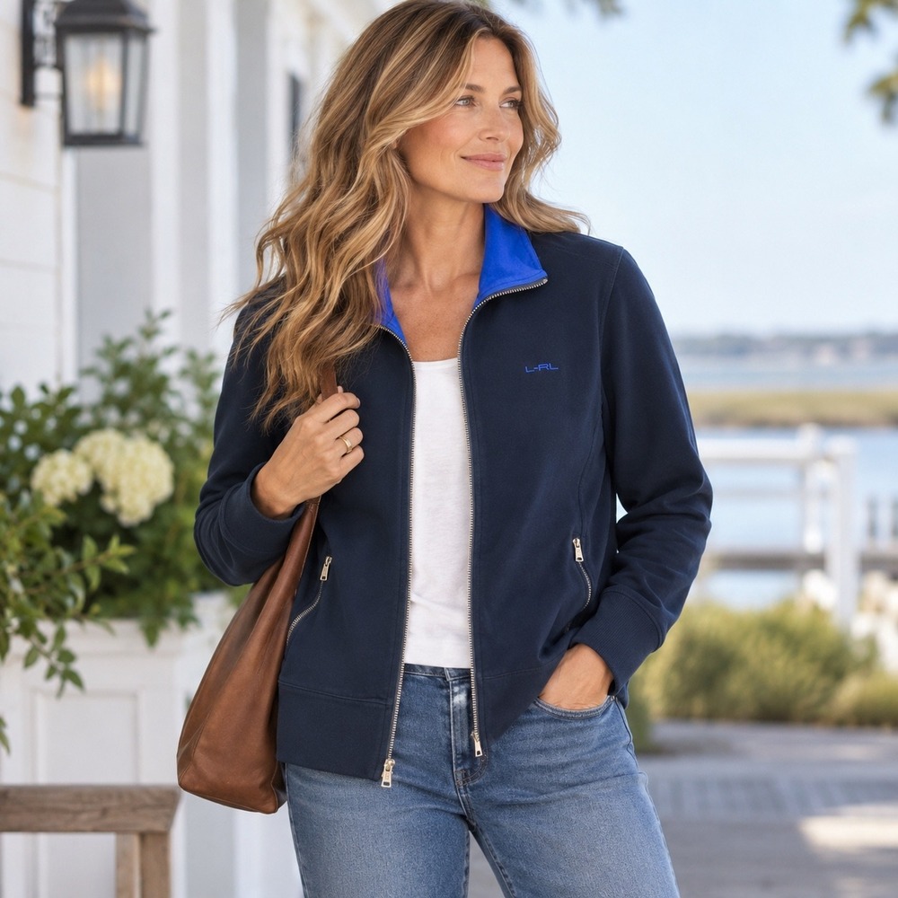 L-RL Lauren Active Ralph Lauren XL Navy Full Zip Jacket Blue Collar Stretch